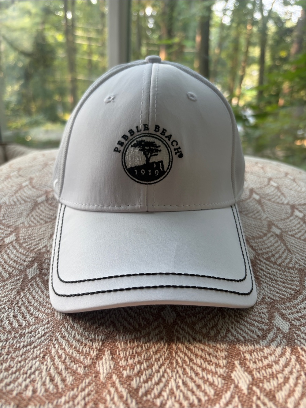 Pebble Beach White Cap with Black Embroidered Logo